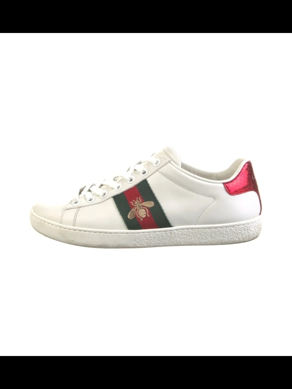 💚 GUCCI ACE ❤️ White Leather Low-Top Sneaker with Red Accent Bee